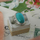 Vintage Turquoise Ring - Art Deco 14k White Gold Filigree Large Cabochon Cut Gemstone - Circa 1930s Era Size 5 1/2 Fine Statement Jewelry