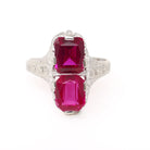 Created Ruby Filigree Ring - Art Deco 14k White Gold Hourglass Stacked Gemstones - Vintage 1930s Era Size 8 Heart Flower Wheat Fine Jewelry