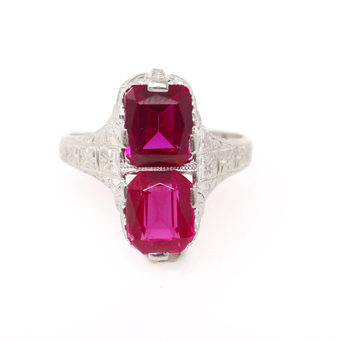 Created Ruby Filigree Ring - Art Deco 14k White Gold Hourglass Stacked Gemstones - Vintage 1930s Era Size 8 Heart Flower Wheat Fine Jewelry
