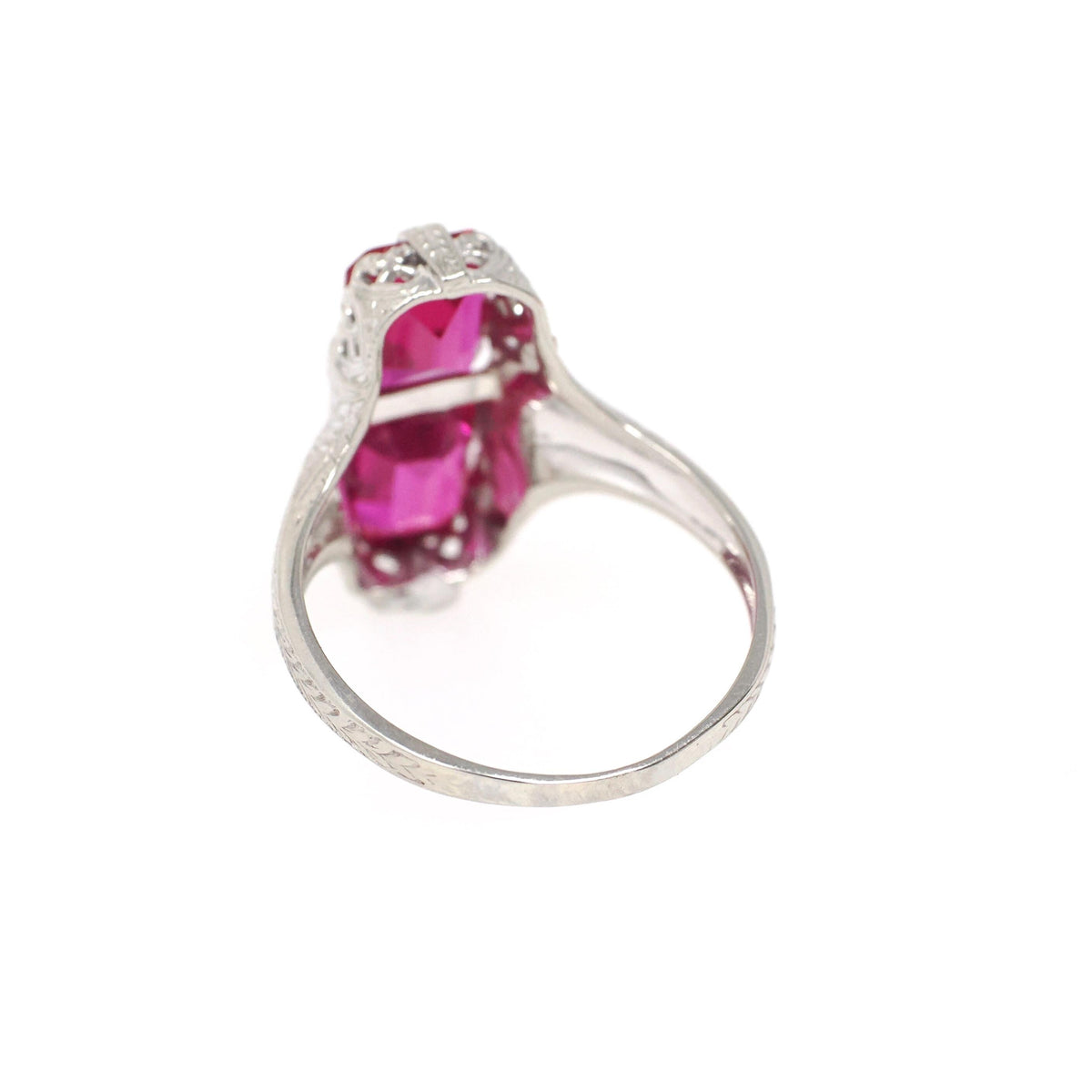 Created Ruby Filigree Ring - Art Deco 14k White Gold Hourglass Stacked Gemstones - Vintage 1930s Era Size 8 Heart Flower Wheat Fine Jewelry