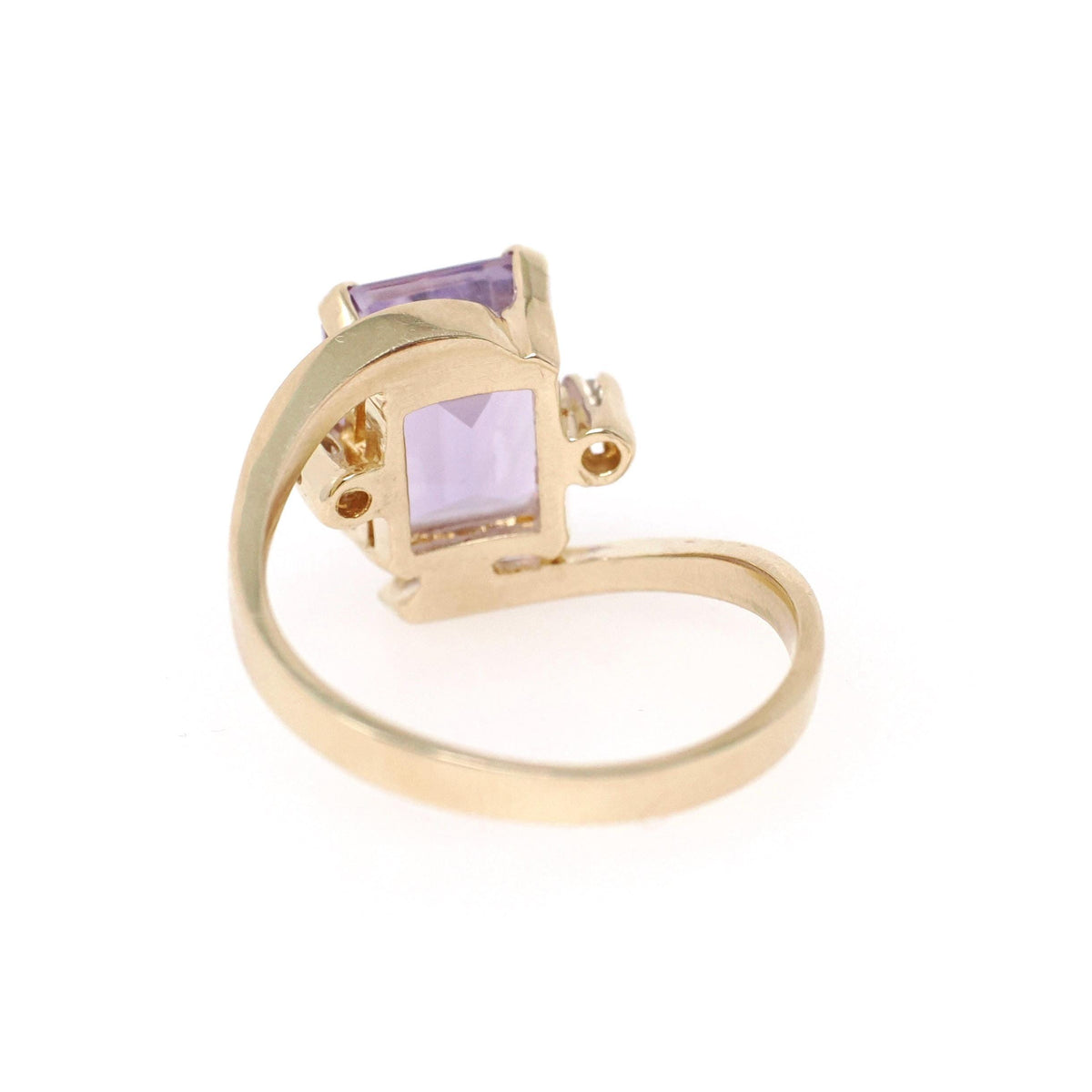 Amethyst Bypass Ring - Contemporary 10k Yellow Gold Emerald Cut Purple Gem - Circa 2000s Size 7 Diamonds Fine February Birthstone Jewelry