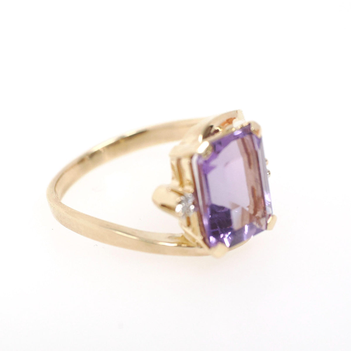 Amethyst Bypass Ring - Contemporary 10k Yellow Gold Emerald Cut Purple Gem - Circa 2000s Size 7 Diamonds Fine February Birthstone Jewelry