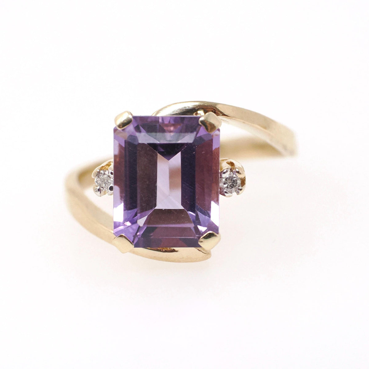 Amethyst Bypass Ring - Contemporary 10k Yellow Gold Emerald Cut Purple Gem - Circa 2000s Size 7 Diamonds Fine February Birthstone Jewelry