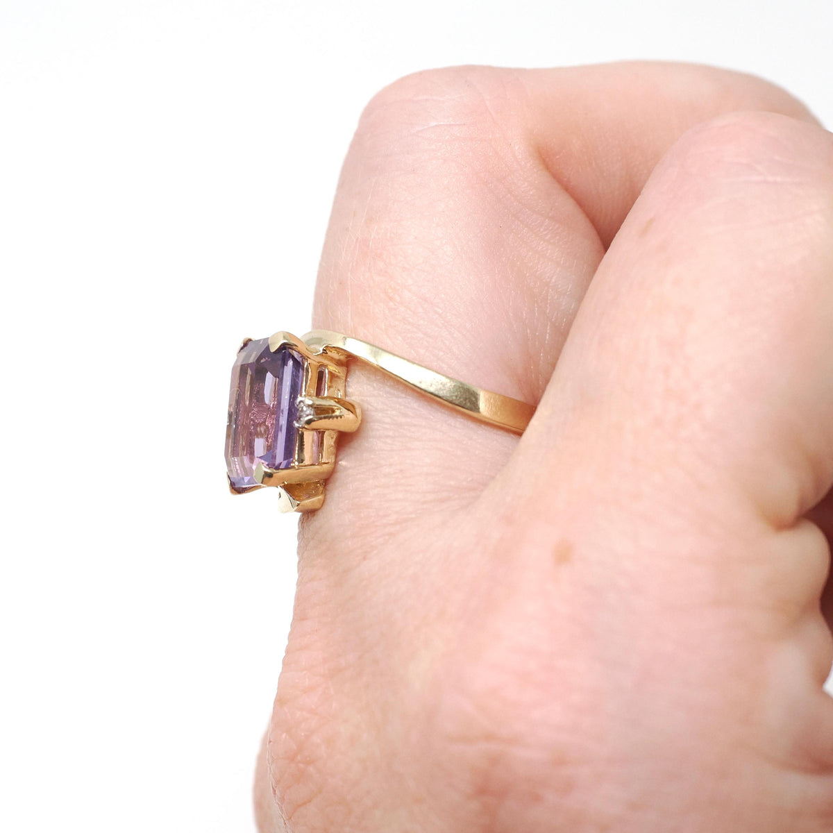 Amethyst Bypass Ring - Contemporary 10k Yellow Gold Emerald Cut Purple Gem - Circa 2000s Size 7 Diamonds Fine February Birthstone Jewelry