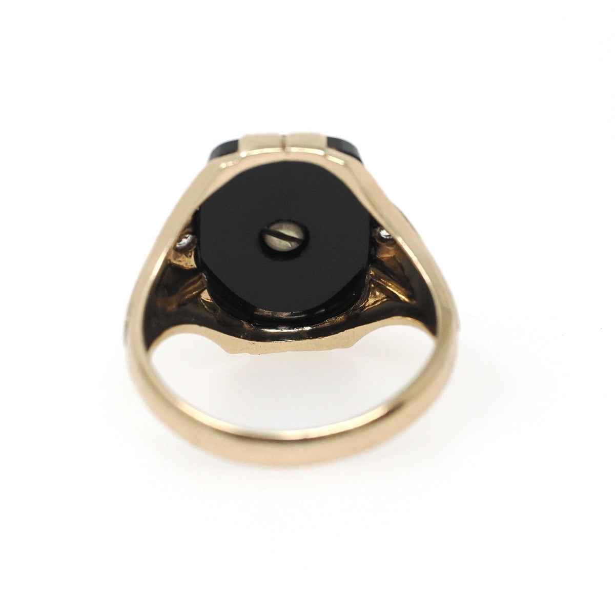 Letter "S" Ring - Art Deco 10k Yellow Gold Black Onyx Old English Initial - Circa 1930s Era Size 9 1/4 Natural Diamond Accent Fine Jewelry