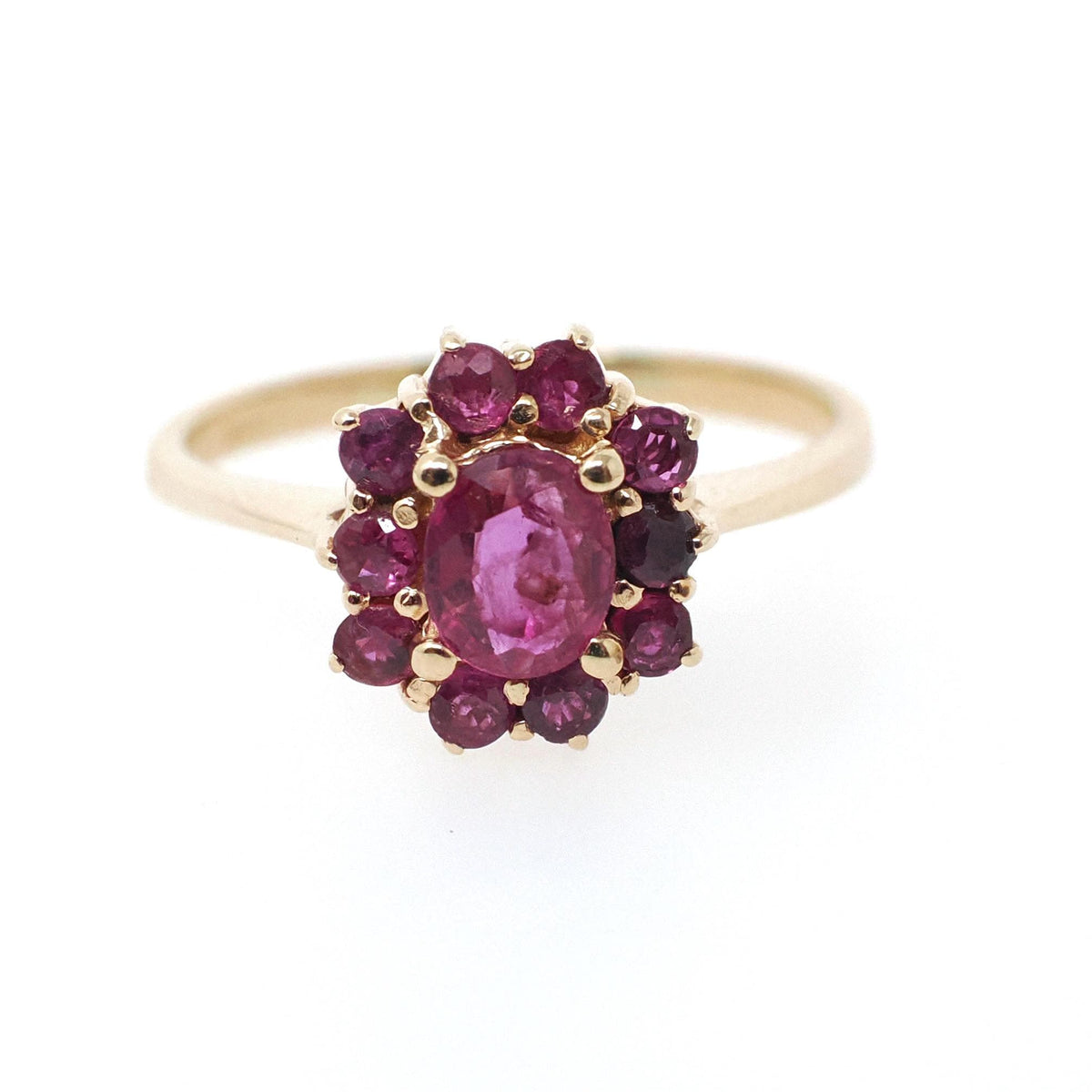 Ruby Halo Ring - Modern 14k Yellow Gold Natural Oval Red Corundum Gemstone Flower Cluster - Circa 1990s Size 5 1/4 Engagement Fine Jewelry