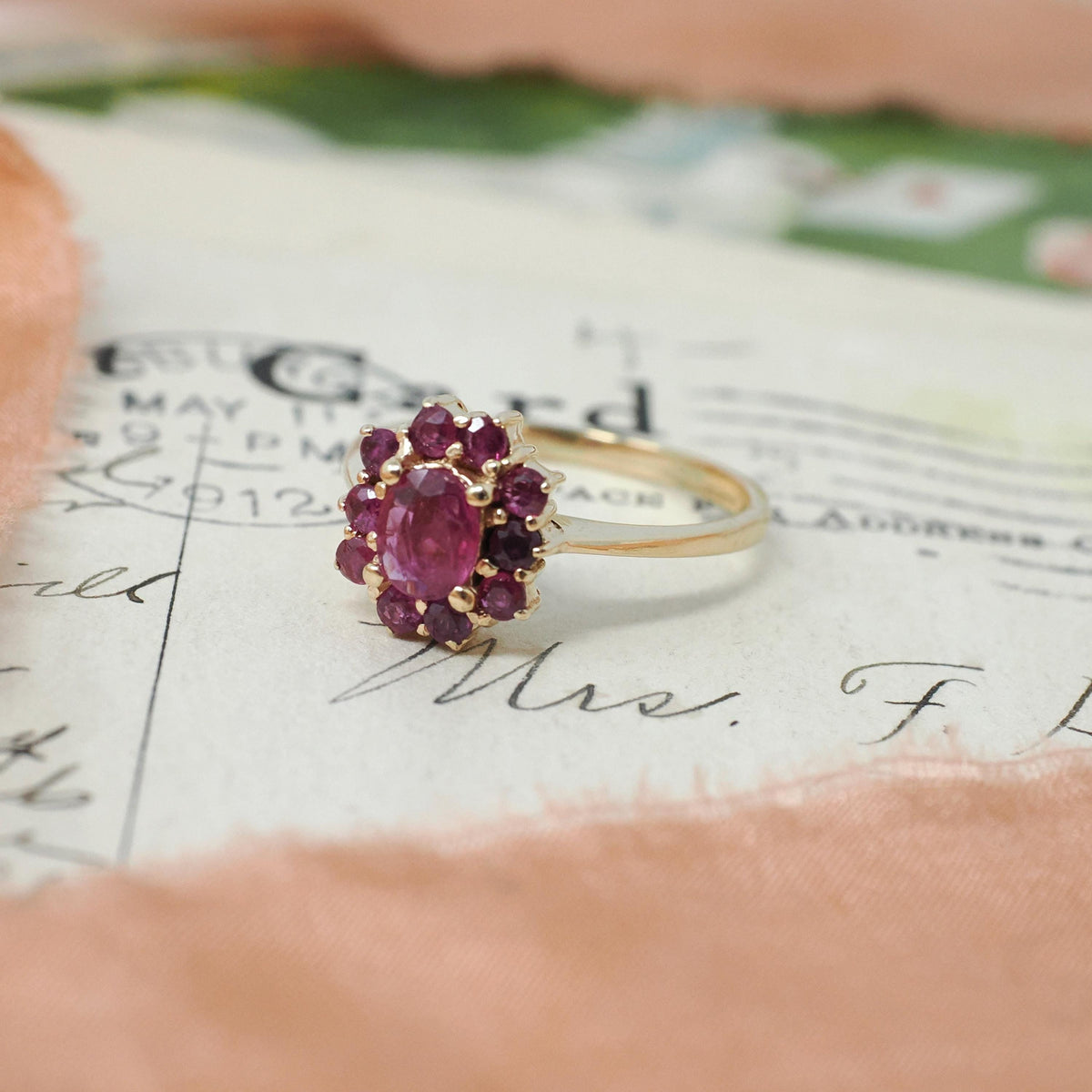 Ruby Halo Ring - Modern 14k Yellow Gold Natural Oval Red Corundum Gemstone Flower Cluster - Circa 1990s Size 5 1/4 Engagement Fine Jewelry
