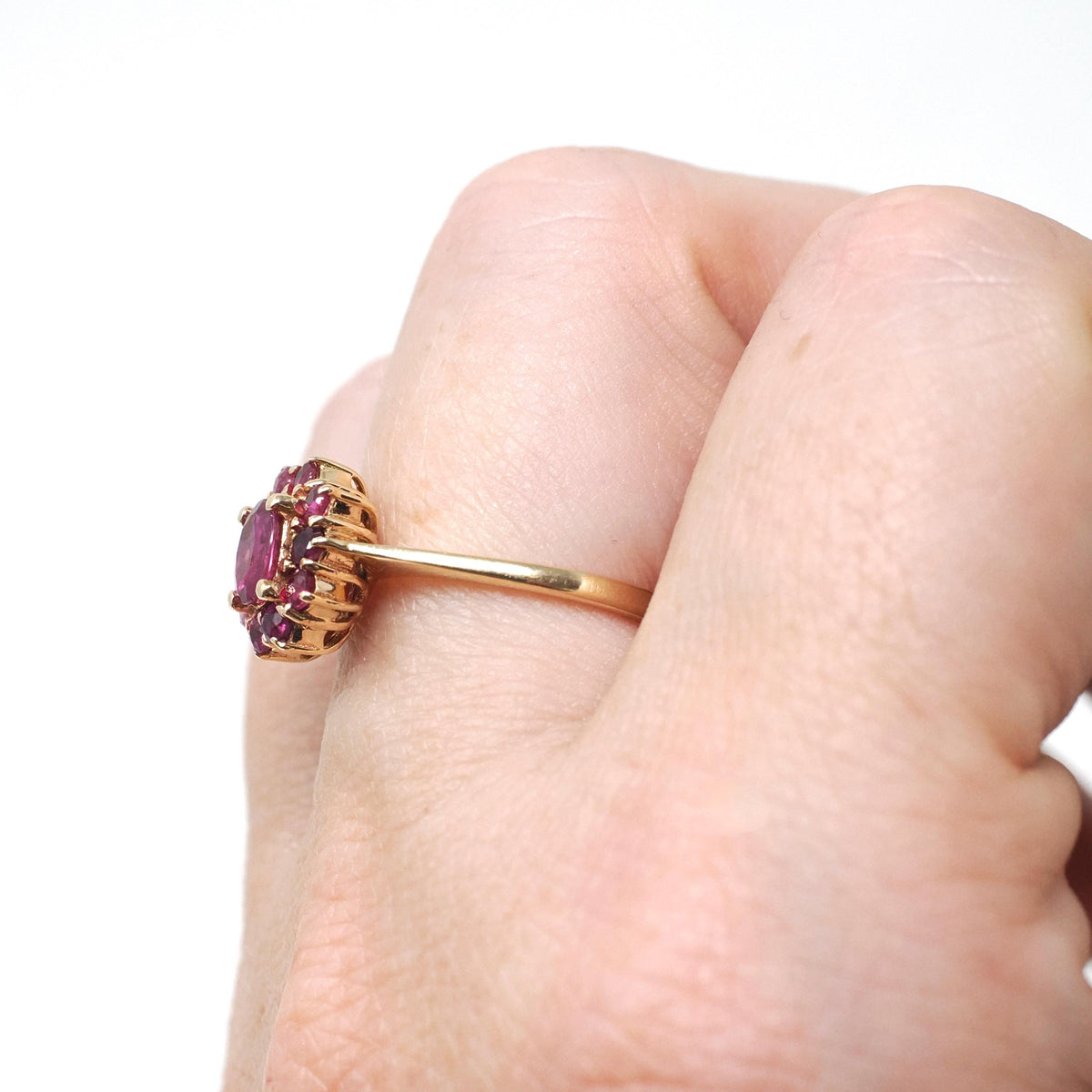 Ruby Halo Ring - Modern 14k Yellow Gold Natural Oval Red Corundum Gemstone Flower Cluster - Circa 1990s Size 5 1/4 Engagement Fine Jewelry