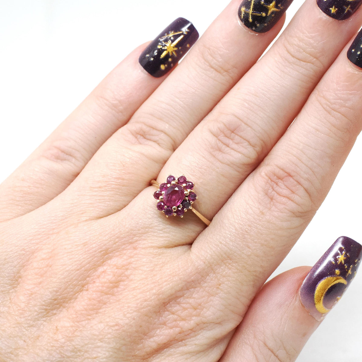 Ruby Halo Ring - Modern 14k Yellow Gold Natural Oval Red Corundum Gemstone Flower Cluster - Circa 1990s Size 5 1/4 Engagement Fine Jewelry