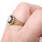 Wedgwood Daisy Ring - Modernist 14k Yellow Gold Round Black Porcelain Jasperware Flower Cameo - Circa 1970s Size 7 Fine Twisted Rope Jewelry