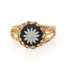Wedgwood Daisy Ring - Modernist 14k Yellow Gold Round Black Porcelain Jasperware Flower Cameo - Circa 1970s Size 7 Fine Twisted Rope Jewelry