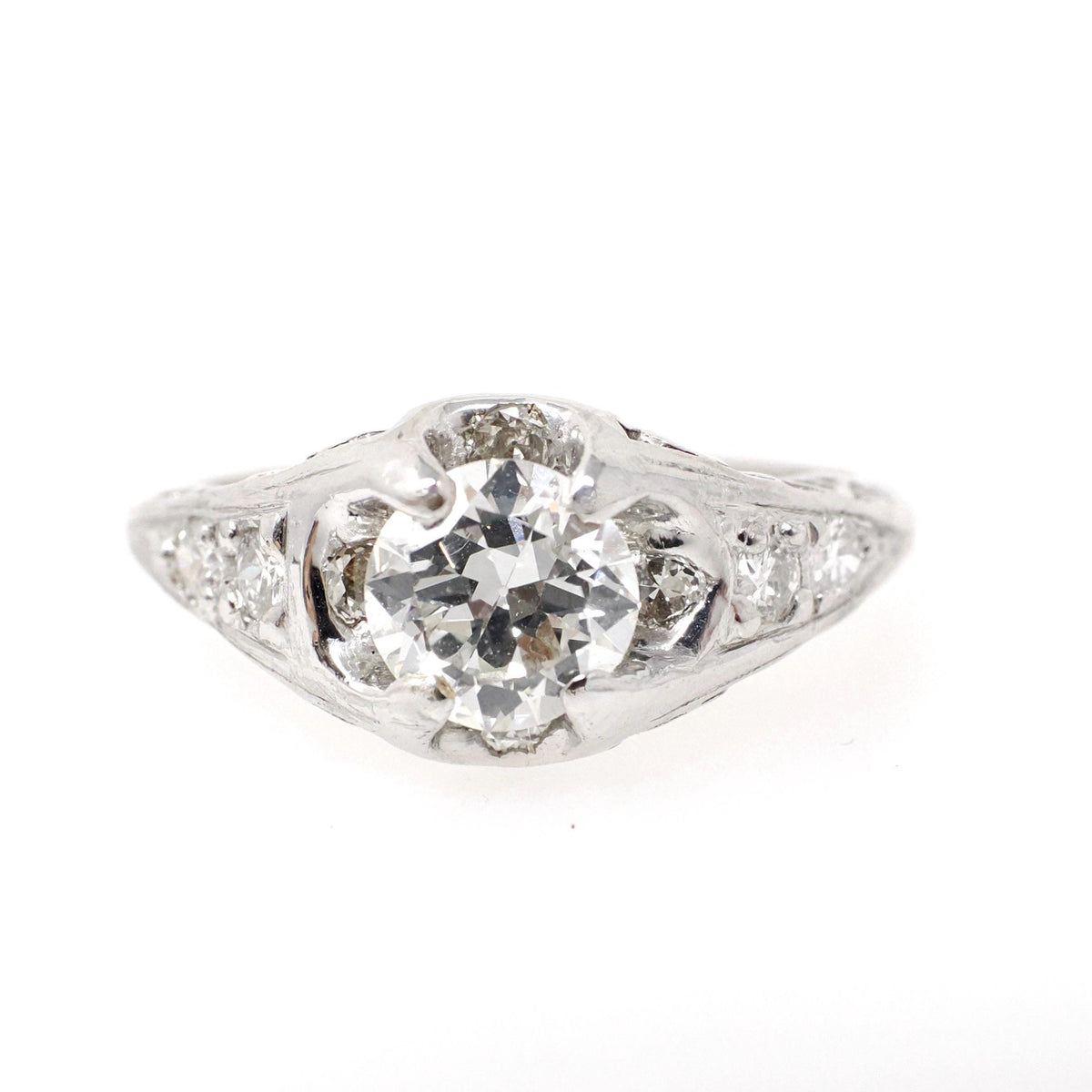 Vintage Engagement Ring - Art Deco Platinum 1.17 CTW Round Brilliant Diamond Filigree - Late 1930s Era Size 6 1/4 Bridal Design Fine Jewelry