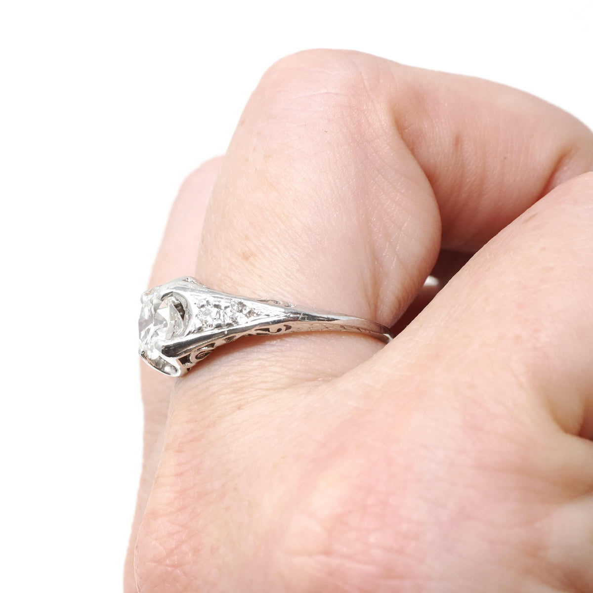 Vintage Engagement Ring - Art Deco Platinum 1.17 CTW Round Brilliant Diamond Filigree - Late 1930s Era Size 6 1/4 Bridal Design Fine Jewelry