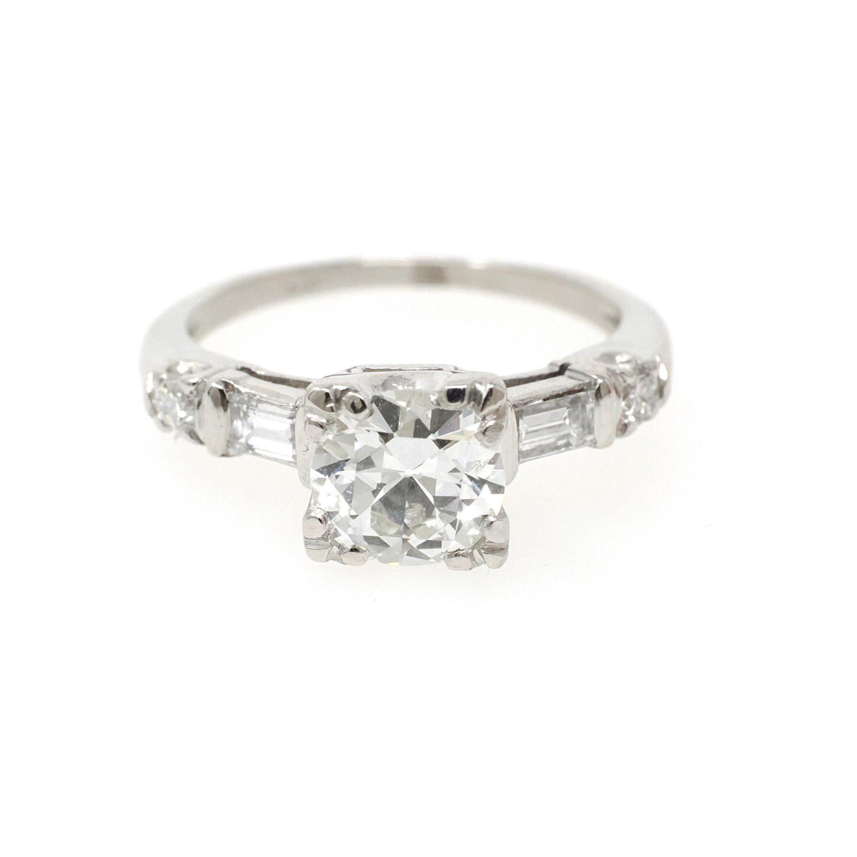 Vintage Engagement Ring - Mid Century Platinum Old European Cut & Baguettes 1.25 CTW Diamonds - Circa 1950s Size 4 1/2 Wedding Fine Jewelry