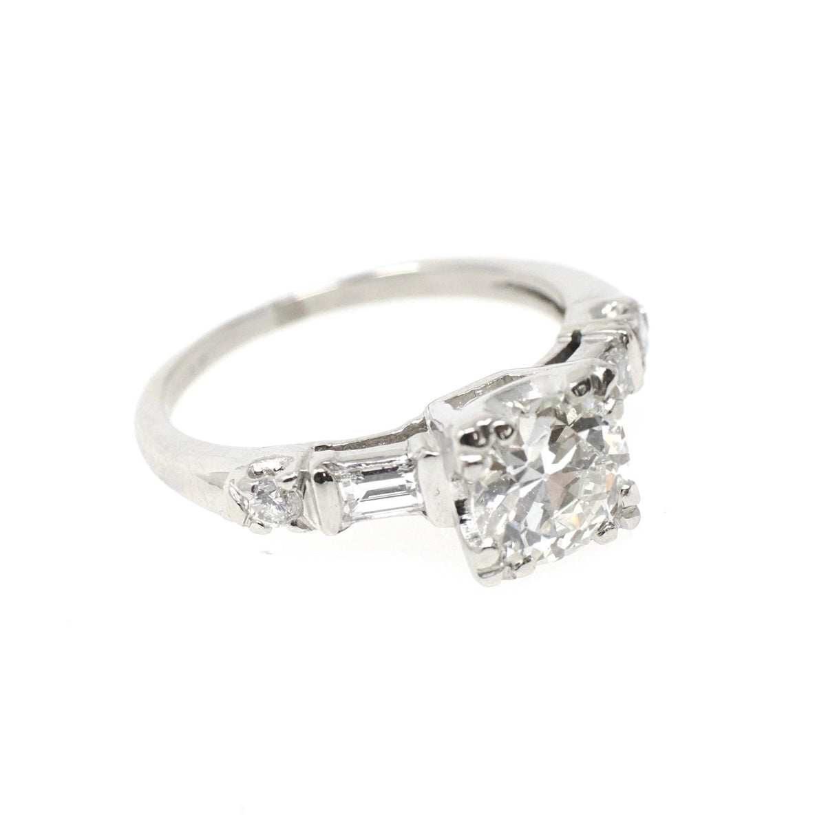 Vintage Engagement Ring - Mid Century Platinum Old European Cut & Baguettes 1.25 CTW Diamonds - Circa 1950s Size 4 1/2 Wedding Fine Jewelry
