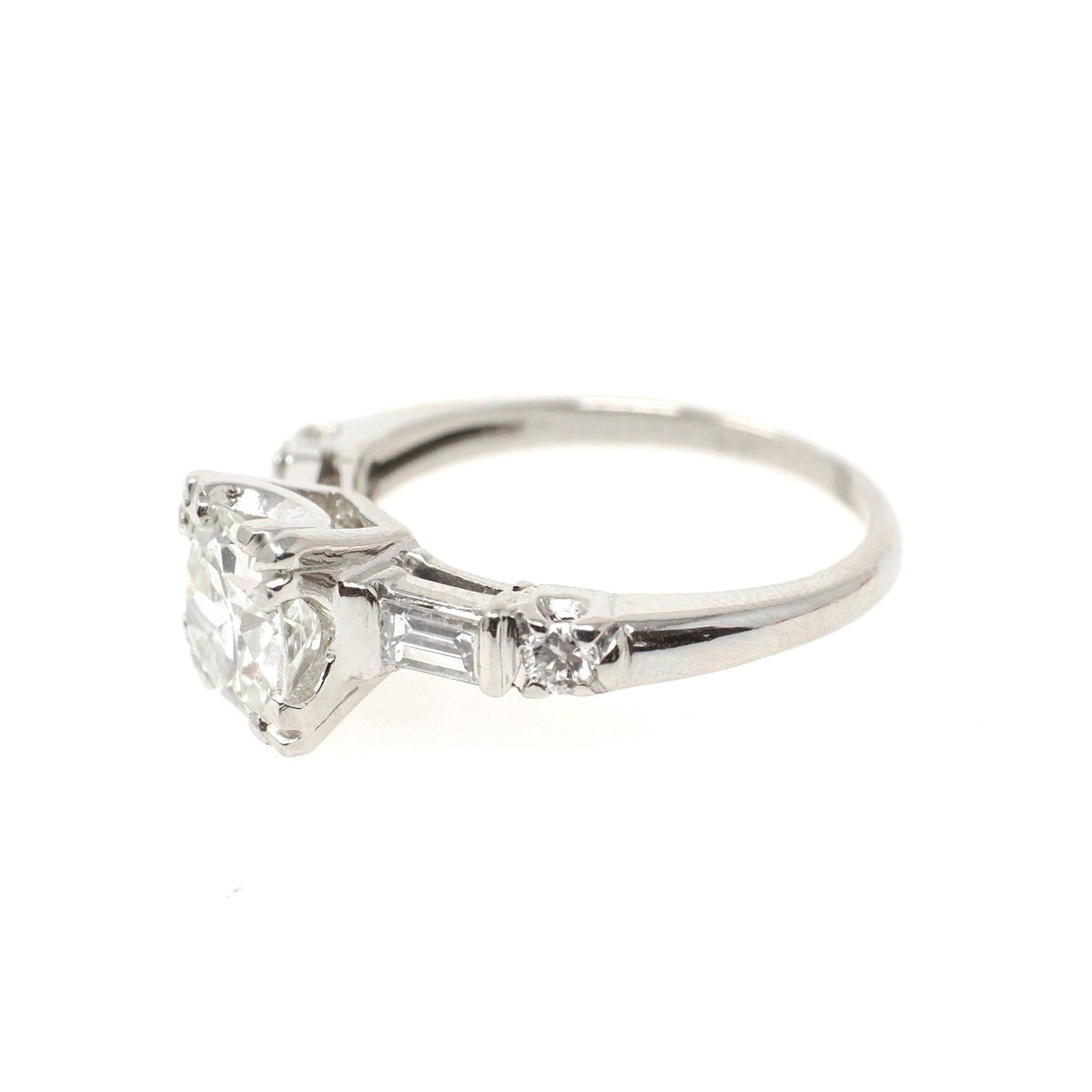 Vintage Engagement Ring - Mid Century Platinum Old European Cut & Baguettes 1.25 CTW Diamonds - Circa 1950s Size 4 1/2 Wedding Fine Jewelry