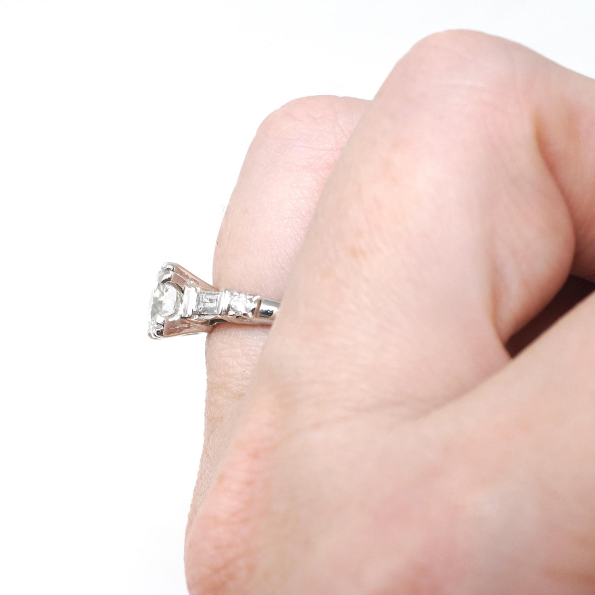 Vintage Engagement Ring - Mid Century Platinum Old European Cut & Baguettes 1.25 CTW Diamonds - Circa 1950s Size 4 1/2 Wedding Fine Jewelry