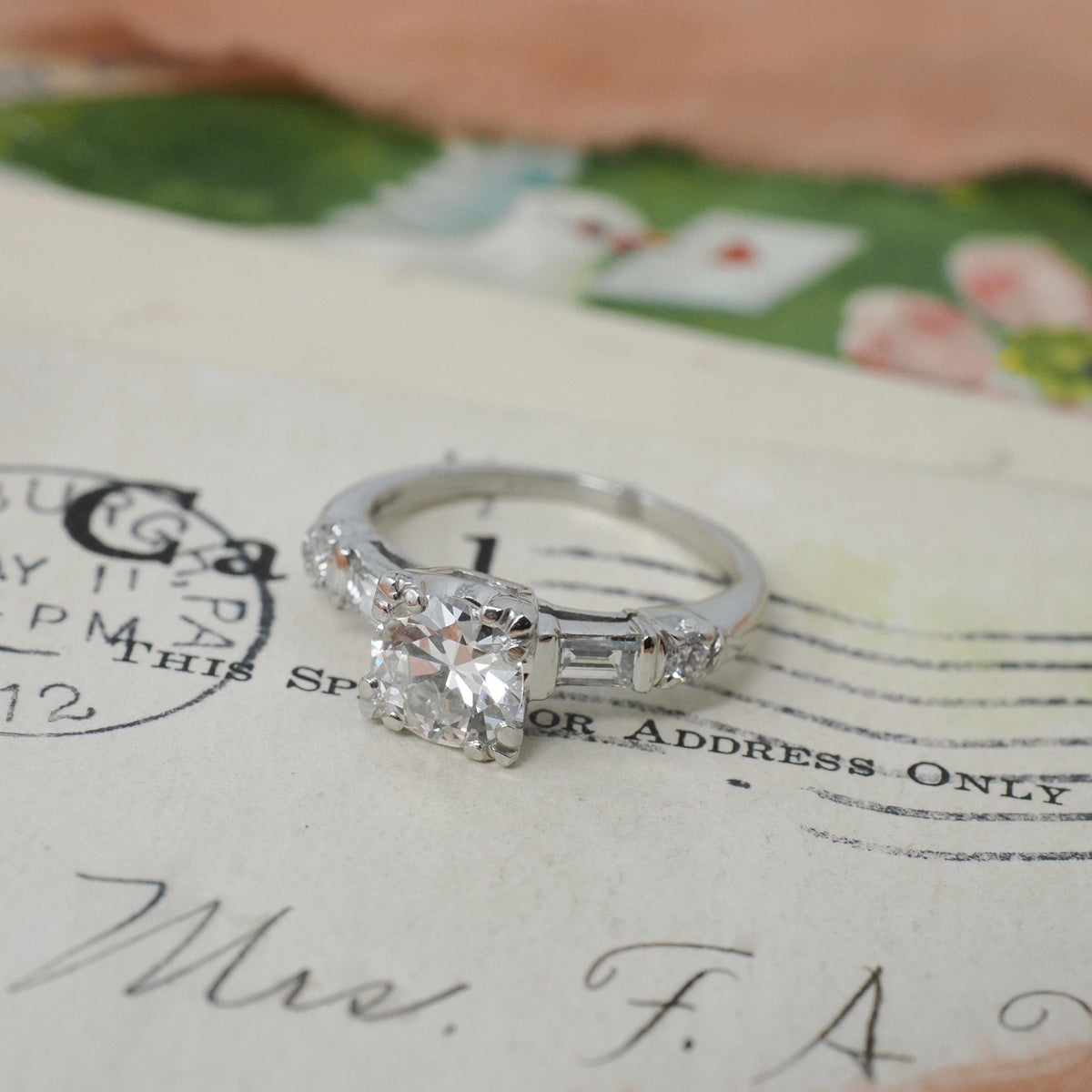 Vintage Engagement Ring - Mid Century Platinum Old European Cut & Baguettes 1.25 CTW Diamonds - Circa 1950s Size 4 1/2 Wedding Fine Jewelry
