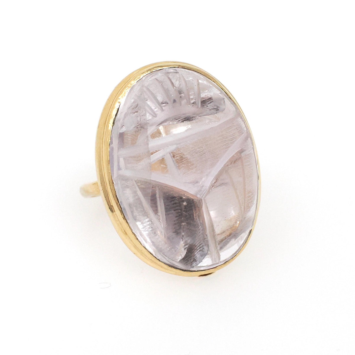Vintage Scarab Ring - Mid Century 14k & 10k Yellow Gold Oval Carved Natural Amethyst Gem - Circa 1960s Size 9 Egyptian Revival Fine Jewelry
