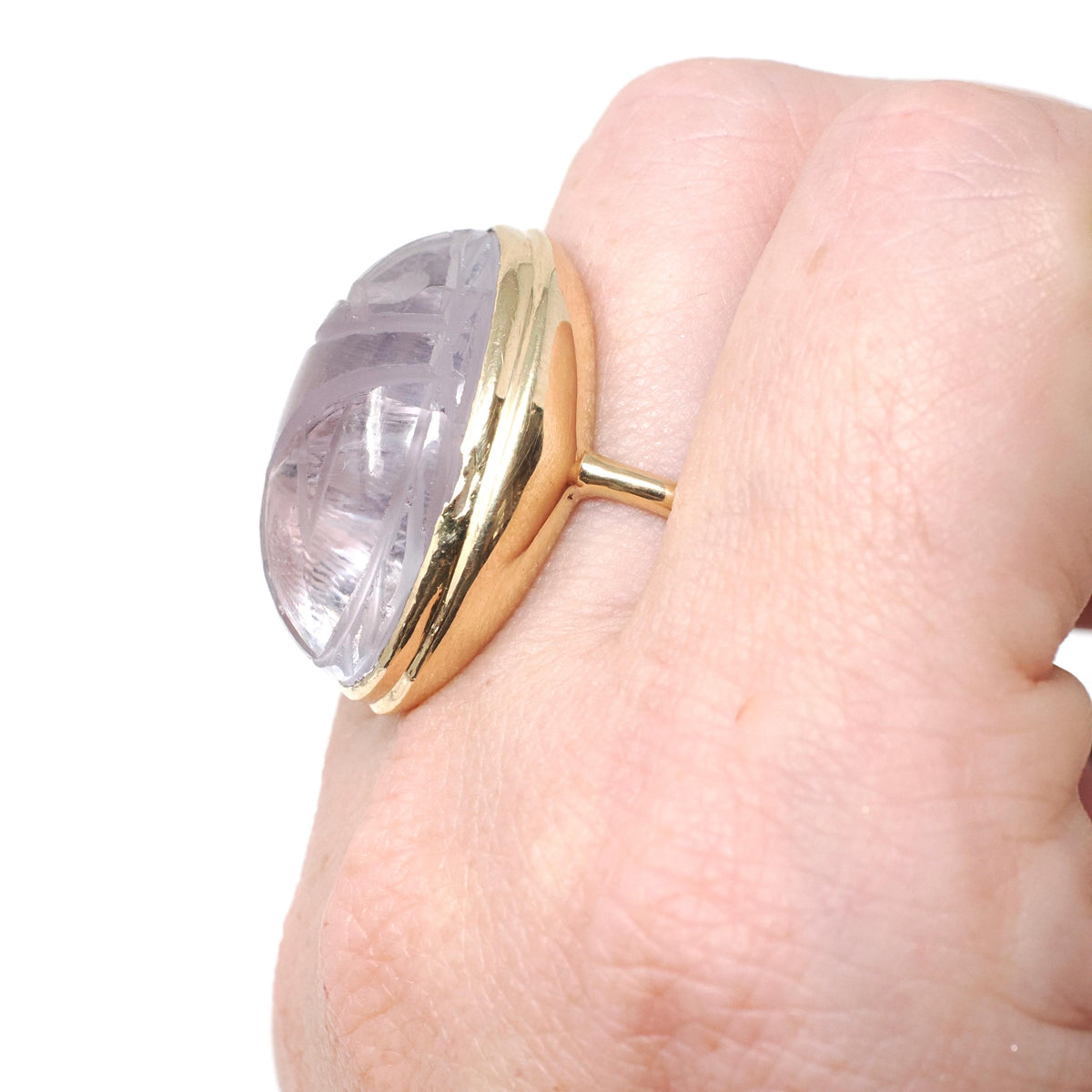 Vintage Scarab Ring - Mid Century 14k & 10k Yellow Gold Oval Carved Natural Amethyst Gem - Circa 1960s Size 9 Egyptian Revival Fine Jewelry