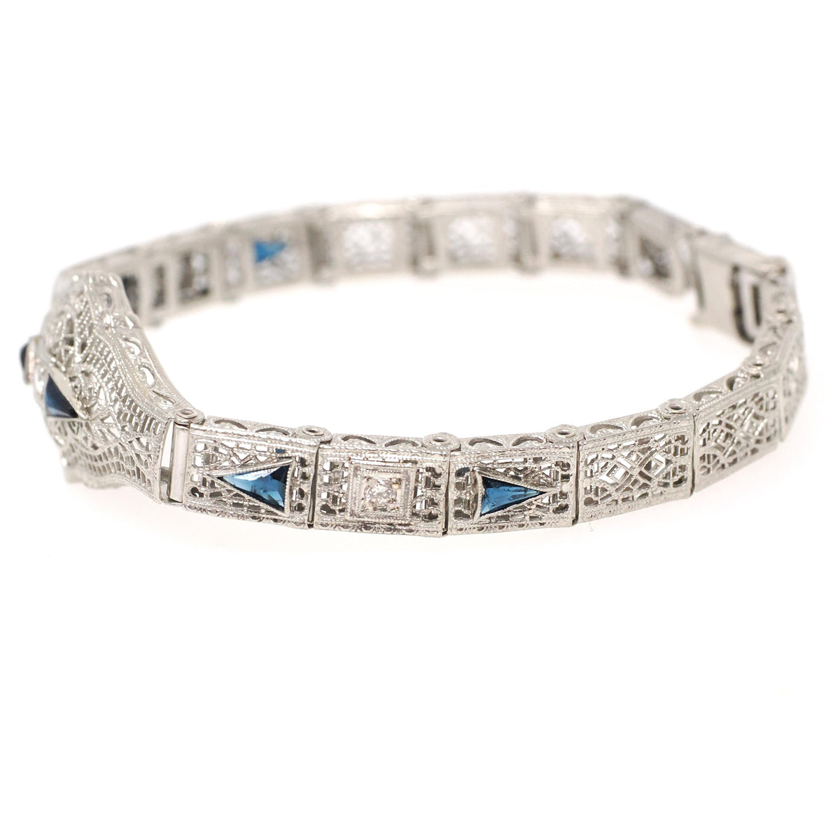 Art Deco Bracelet - Vintage 10k White Gold Natural Diamonds Blue Glass Filigree Links - Vintage Circa 1930s Simulated Sapphire Fine Jewelry