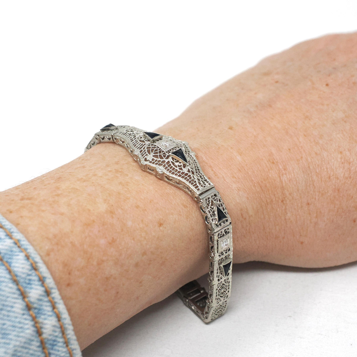 Art Deco Bracelet - Vintage 10k White Gold Natural Diamonds Blue Glass Filigree Links - Vintage Circa 1930s Simulated Sapphire Fine Jewelry