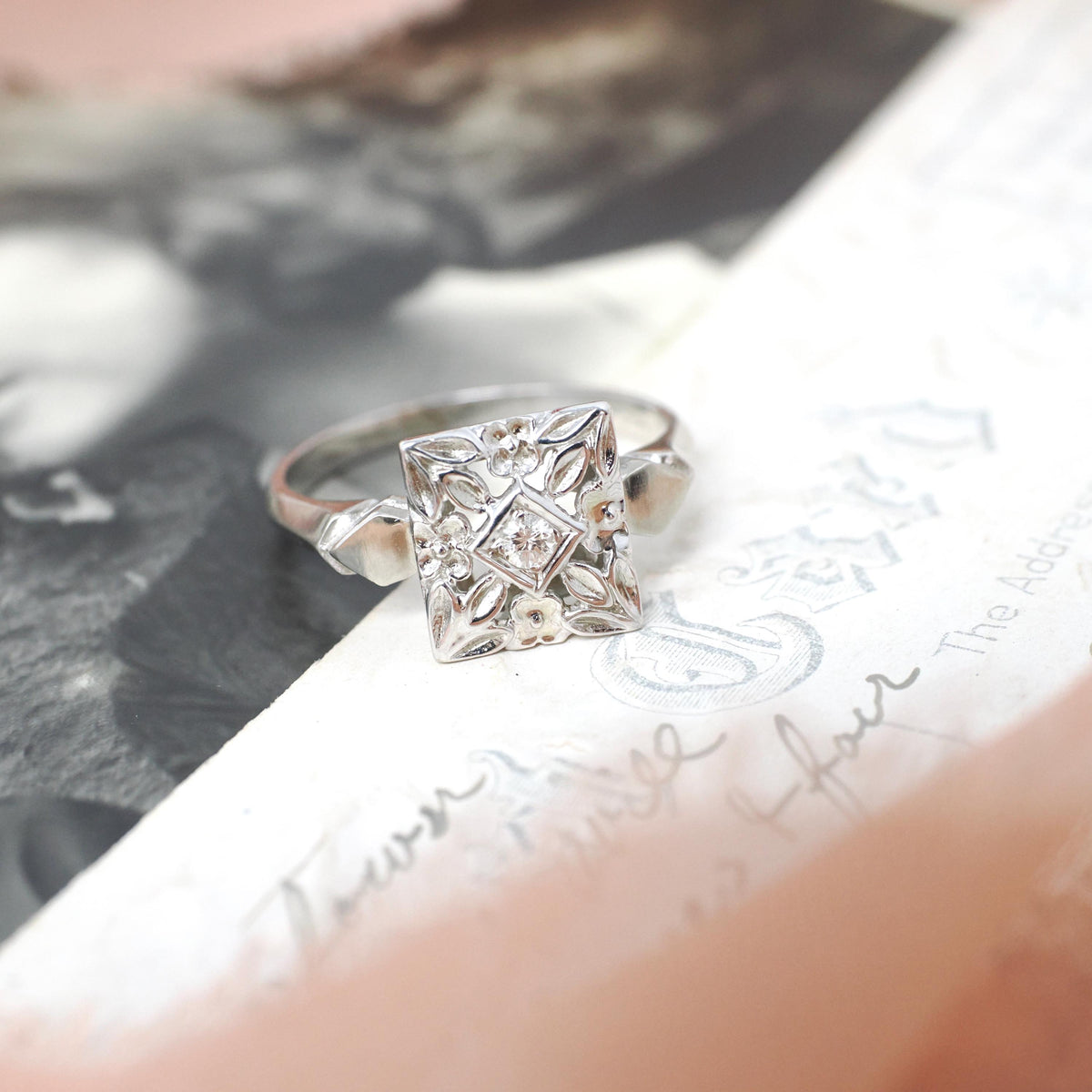Square Filigree Ring - Mid Century 14k White Gold .04 CT Natural Round Brilliant Cut Diamond - Circa 1950s Era Size 7 Fine Floral Jewelry