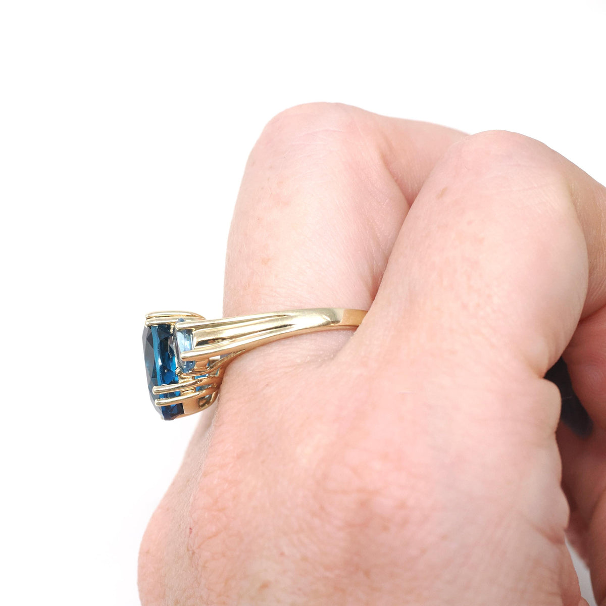 Blue Topaz Ring - Contemporary 10k Yellow Gold Three Gemstone Band - Circa 2000s Era Size 8 1/2 Fine London Blue December Birthstone Jewelry