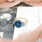 Blue Topaz Ring - Contemporary 10k Yellow Gold Three Gemstone Band - Circa 2000s Era Size 8 1/2 Fine London Blue December Birthstone Jewelry