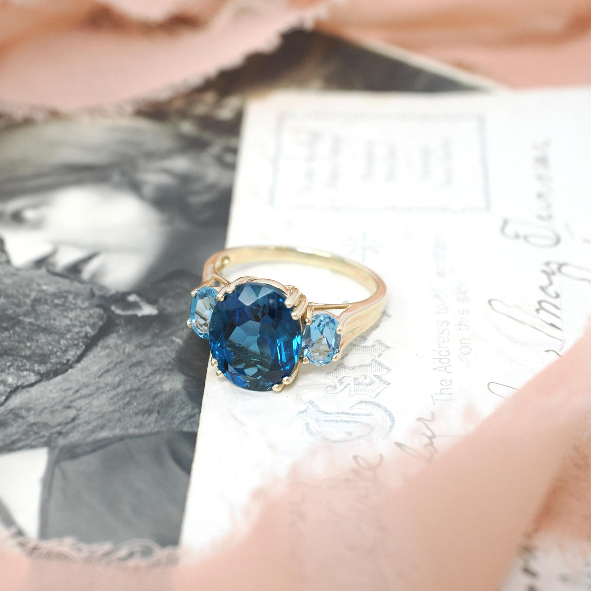 Blue Topaz Ring - Contemporary 10k Yellow Gold Three Gemstone Band - Circa 2000s Era Size 8 1/2 Fine London Blue December Birthstone Jewelry