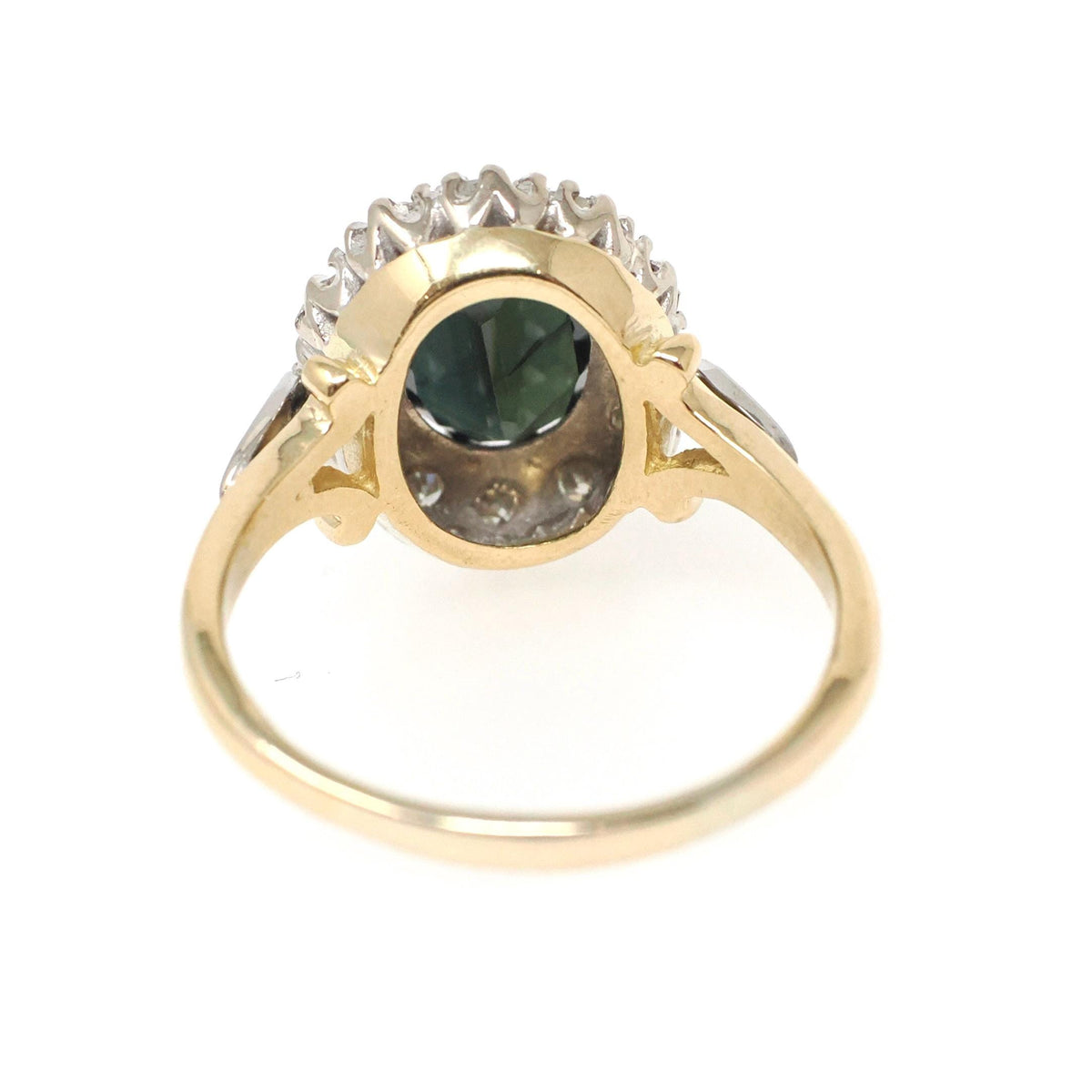Green Sapphire Engagement Ring - Modernist 1970s 18k Yellow & White Gold Green Sapphire Gemstone .30 CTW Diamonds - Size 7 Halo Fine Jewelry