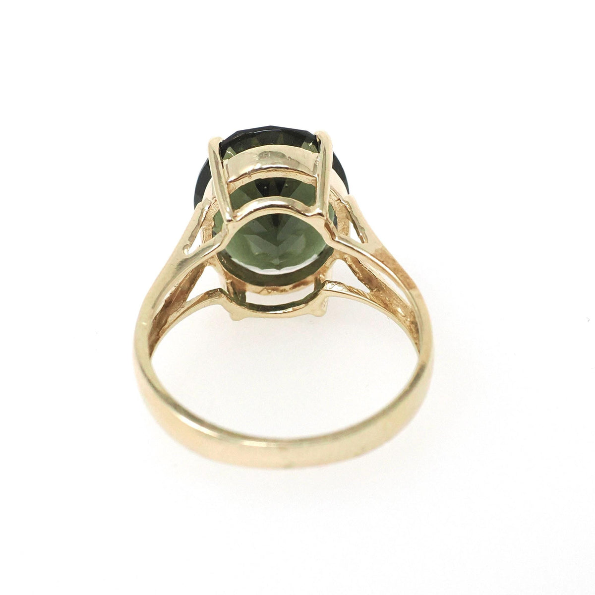 Moldavite Solitaire Ring - Contemporary 10k Yellow Gold Natural Green Volcanic Glass Gemstone - Circa 2000s Era Size 6 1/4 Fine Jewelry