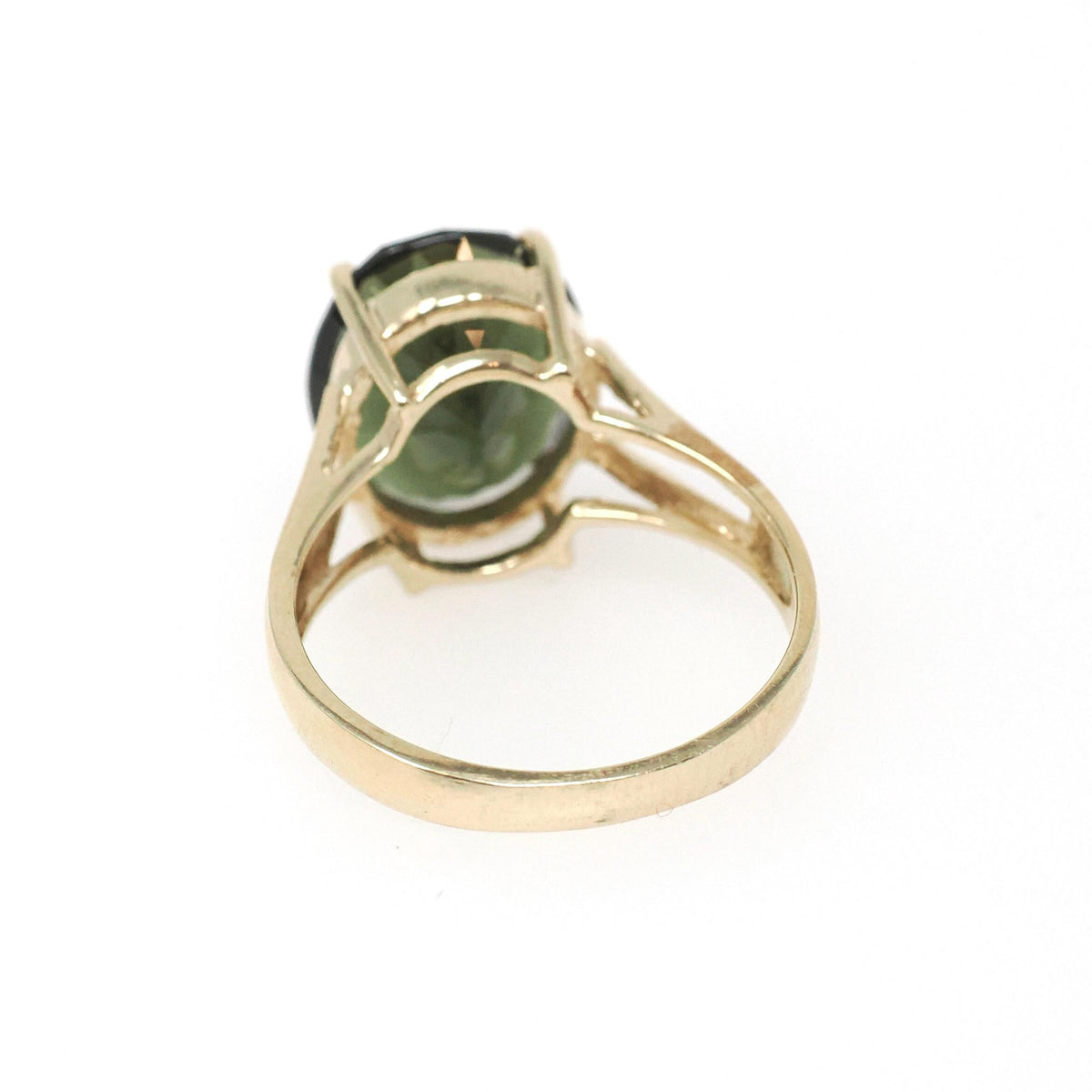 Moldavite Solitaire Ring - Contemporary 10k Yellow Gold Natural Green Volcanic Glass Gemstone - Circa 2000s Era Size 6 1/4 Fine Jewelry
