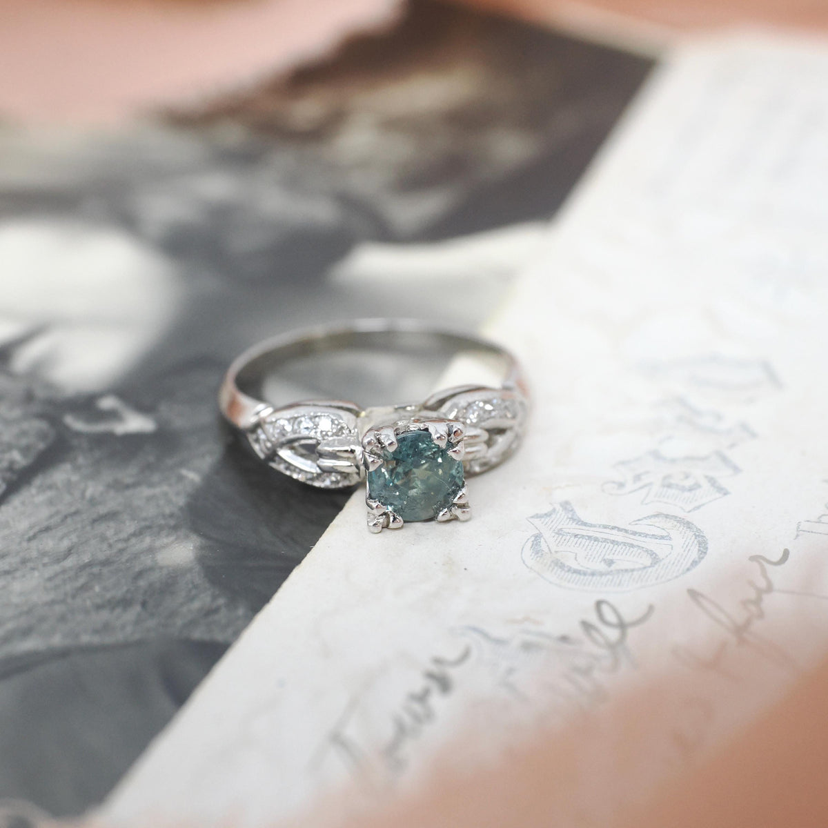 Mint Chrysoberyl & Diamond Ring - Mid Century Platinum Alternative Engagement Natural Green Gemstone - Vintage 1950s Size 5 1/2 Fine Jewelry