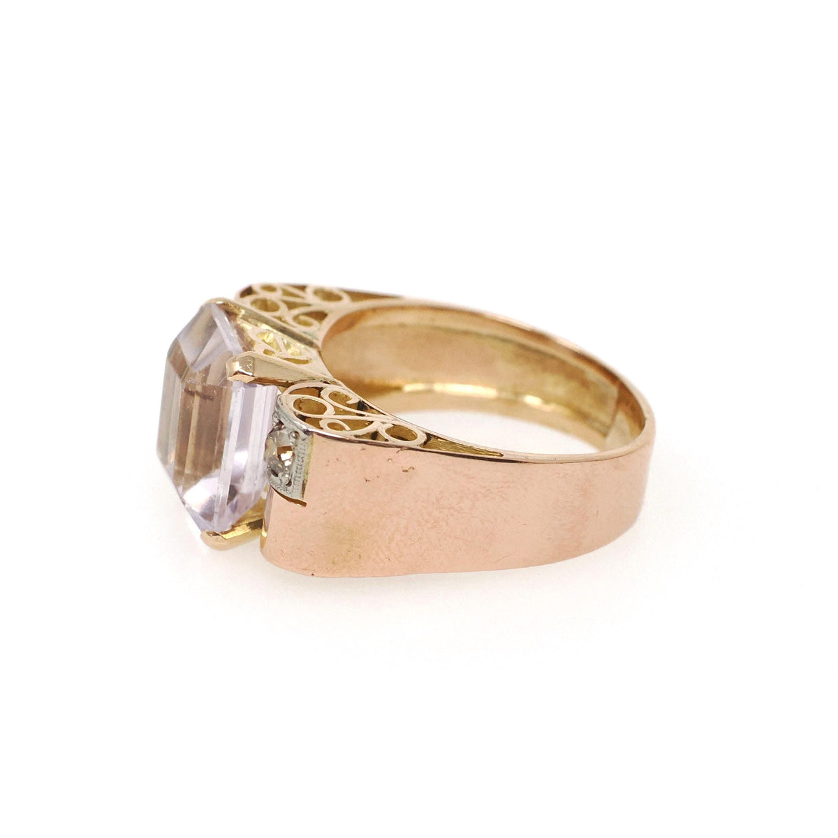 Amethyst Cocktail Ring - Retro 14k Rosy Gold Natural Emerald Cut Light Purple Gem - Circa 1940s Size 8 3/4 Fine February Birthstone Jewelry