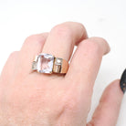Amethyst Cocktail Ring - Retro 14k Rosy Gold Natural Emerald Cut Light Purple Gem - Circa 1940s Size 8 3/4 Fine February Birthstone Jewelry