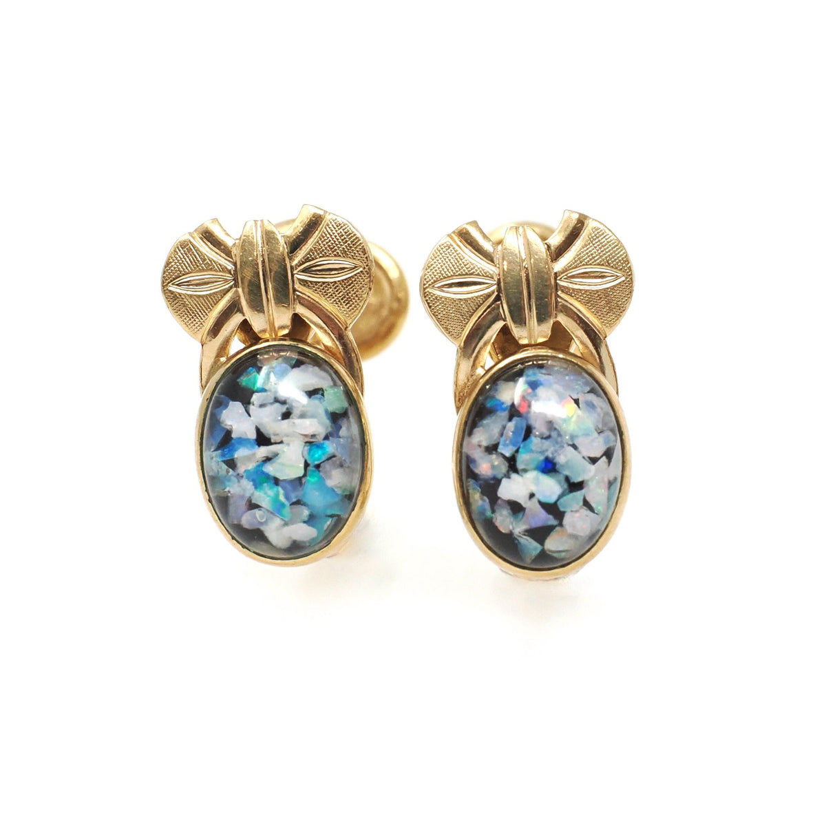 Van Dell Opal Earrings - Mid Century Era 12k Gold Filled Glass Encased Gem Chip Screw Backs - Circa 1960s Signed Fashion Accessory Jewelry