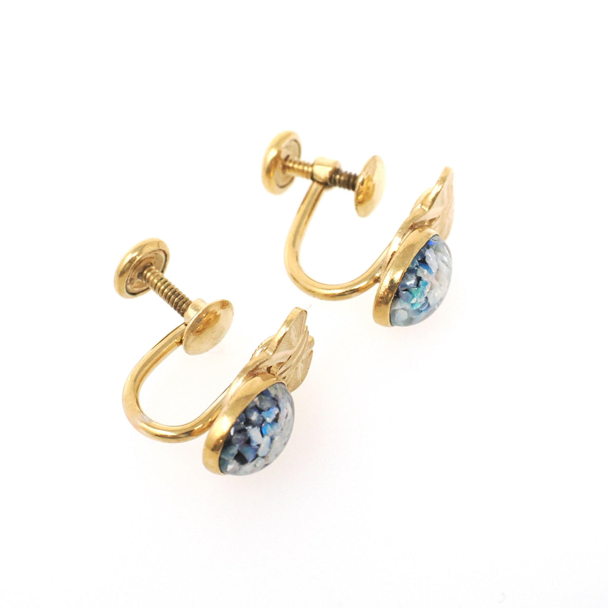 Van Dell Opal Earrings - Mid Century Era 12k Gold Filled Glass Encased Gem Chip Screw Backs - Circa 1960s Signed Fashion Accessory Jewelry
