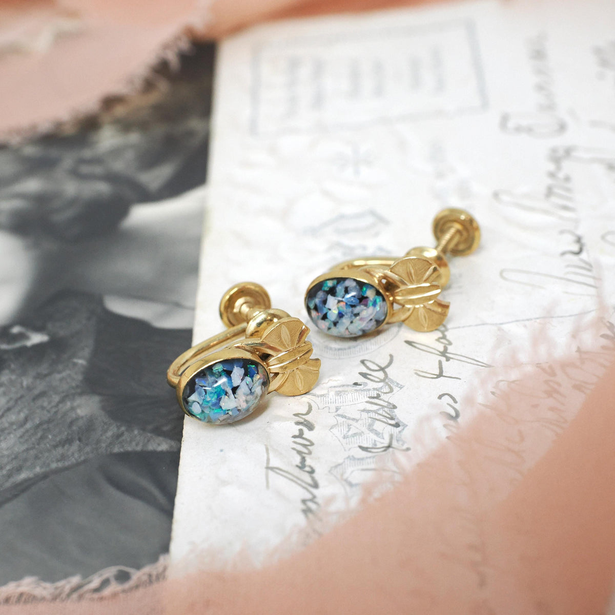 Van Dell Opal Earrings - Mid Century Era 12k Gold Filled Glass Encased Gem Chip Screw Backs - Circa 1960s Signed Fashion Accessory Jewelry