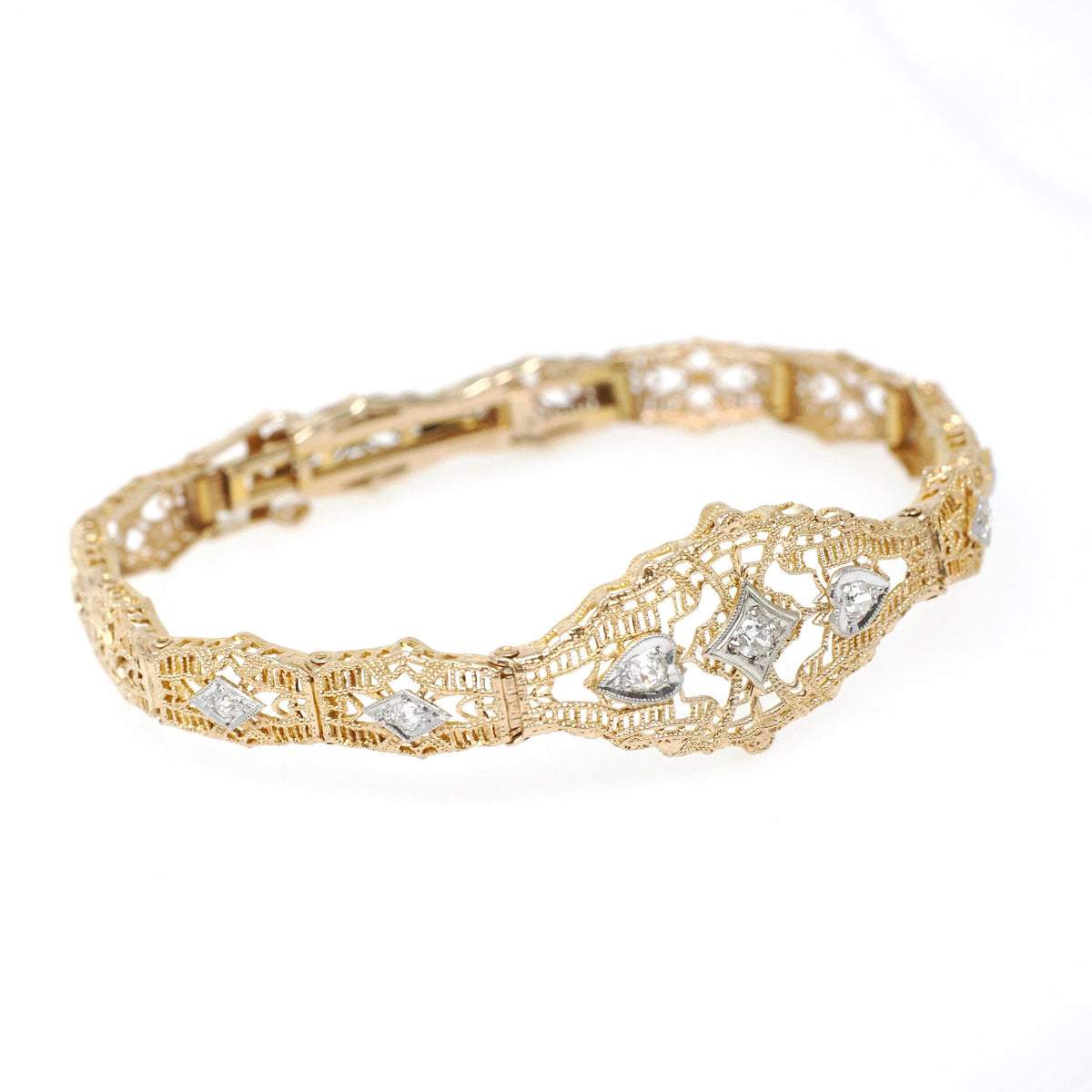 Art Deco Bracelet - Vintage 10k Yellow Gold Filigree Diamond Die Struck Filigree Statement - Circa 1930s Era Wedding Two Tone Fine Jewelry