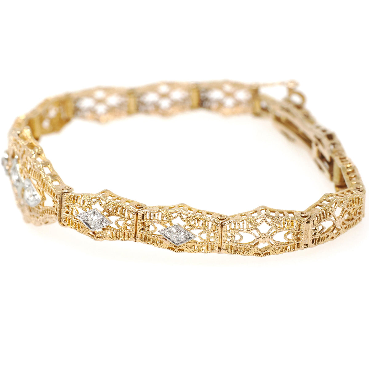 Art Deco Bracelet - Vintage 10k Yellow Gold Filigree Diamond Die Struck Filigree Statement - Circa 1930s Era Wedding Two Tone Fine Jewelry