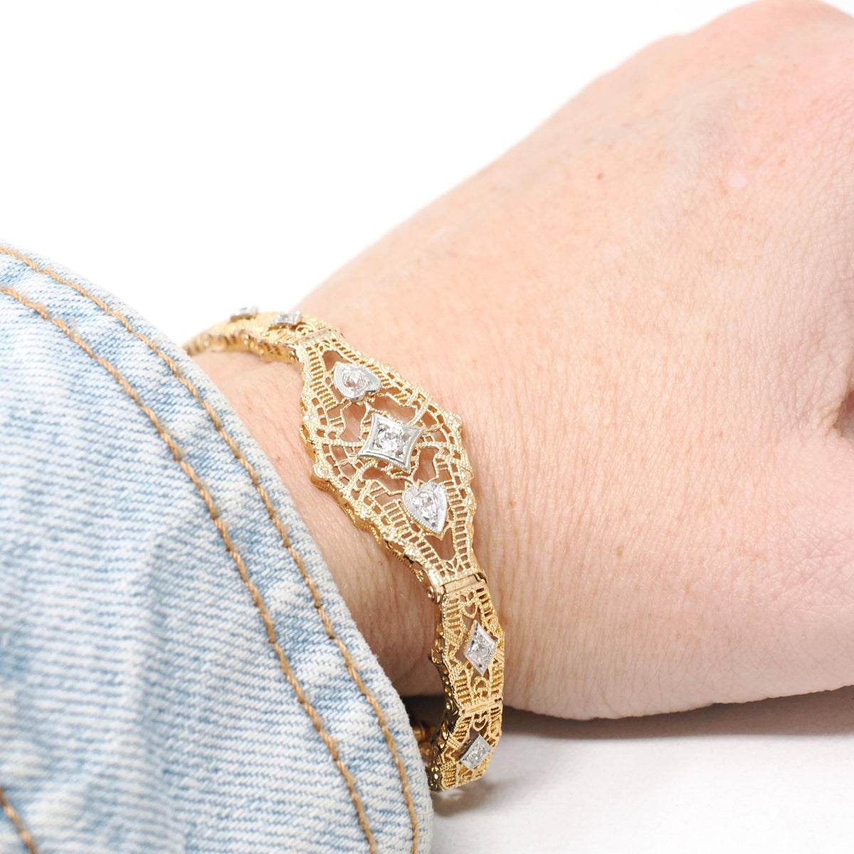 Art Deco Bracelet - Vintage 10k Yellow Gold Filigree Diamond Die Struck Filigree Statement - Circa 1930s Era Wedding Two Tone Fine Jewelry