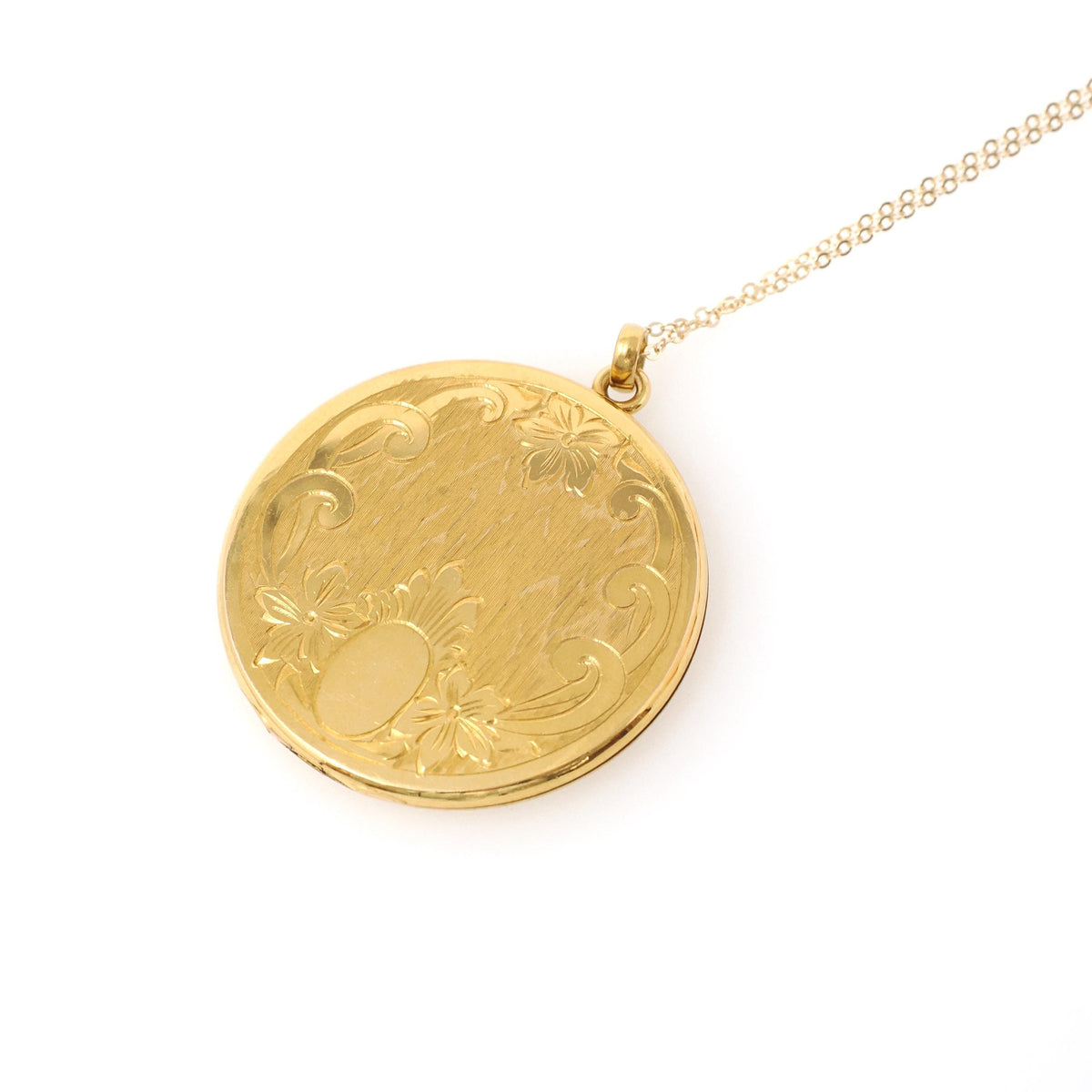Round Edwardian Locket - Antique Gold Filled Floral Shield Scroll Design Pendant - Circa 1910s Photo Keepsake Ikat Texture Fashion Jewelry