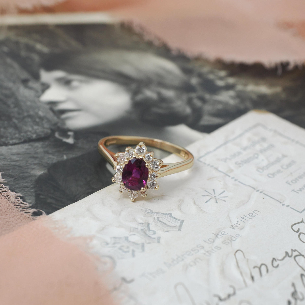 Ruby & Diamond Engagement Ring - Vintage 14k Yellow Gold Oval Natural Gemstone Halo - Circa 1980s Size 7 1/2 July Birthstone Fine Jewelry