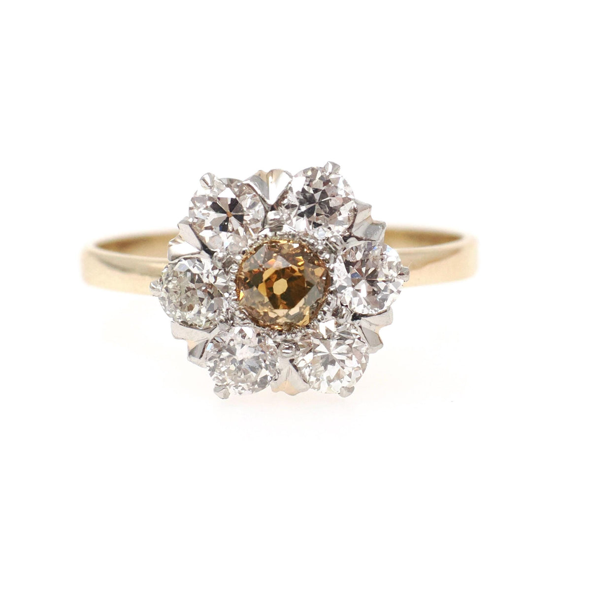 Antique Flower Ring - Edwardian 14k Yellow Gold & Platinum 1.25 CTW Diamond Cluster Halo - Circa Early 1900s Size 7.75 Two Tone Fine Jewelry