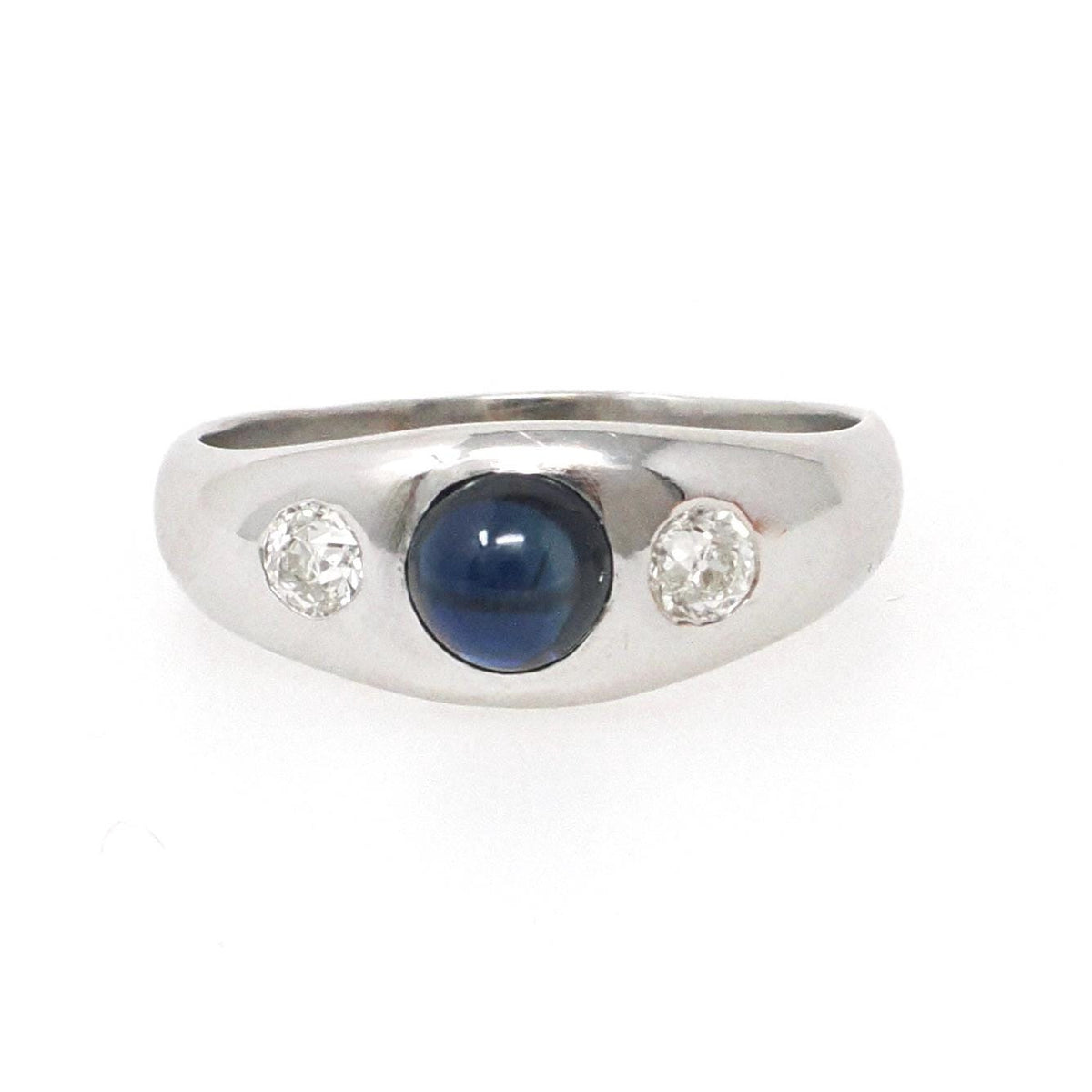Sapphire & Diamond Ring - Mid Century 14k White Gold Natural Blue Corundum Old European Cut Band - Circa 1960s Size 6.5 Fine Bridal Jewelry