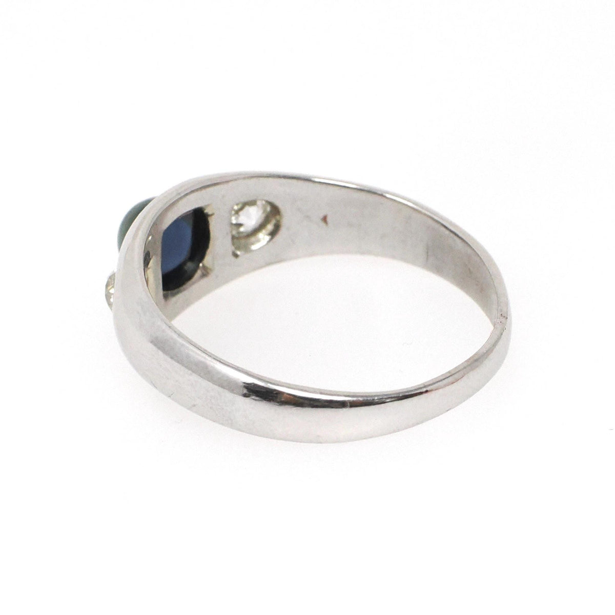 Sapphire & Diamond Ring - Mid Century 14k White Gold Natural Blue Corundum Old European Cut Band - Circa 1960s Size 6.5 Fine Bridal Jewelry