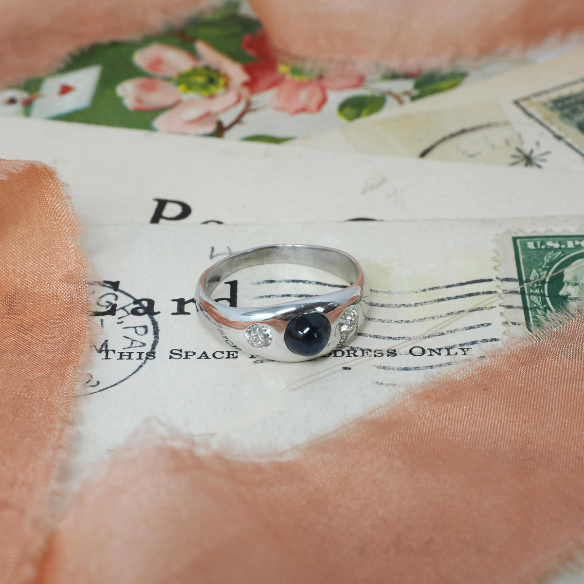 Sapphire & Diamond Ring - Mid Century 14k White Gold Natural Blue Corundum Old European Cut Band - Circa 1960s Size 6.5 Fine Bridal Jewelry
