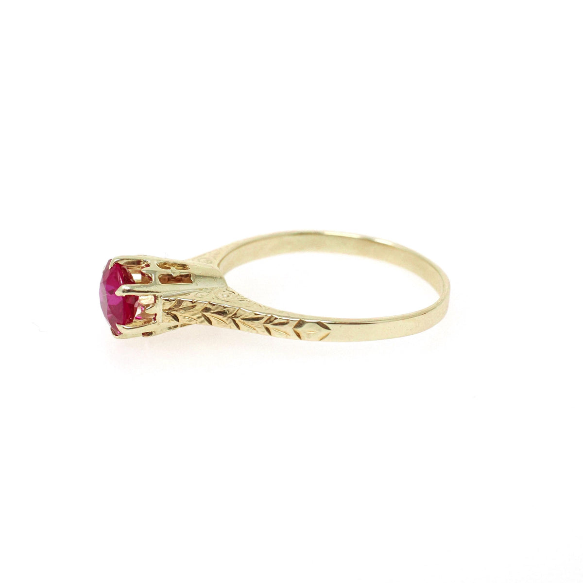 Ostby & Barton Ring - Art Deco 14k Yellow Gold Created Red Ruby Gem Solitaire - Circa 1930s Era Size 7 Wheat Engraved Fine Statement Jewelry