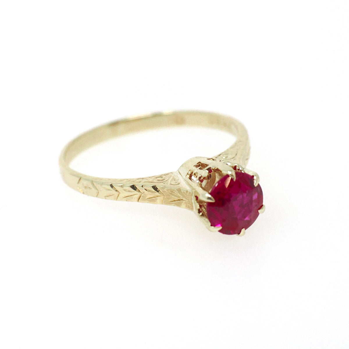 Ostby & Barton Ring - Art Deco 14k Yellow Gold Created Red Ruby Gem Solitaire - Circa 1930s Era Size 7 Wheat Engraved Fine Statement Jewelry